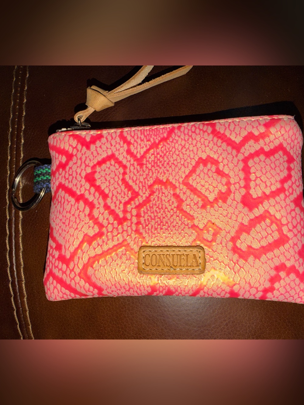 Consuela Neon Pink Snake-Print Key Pouch